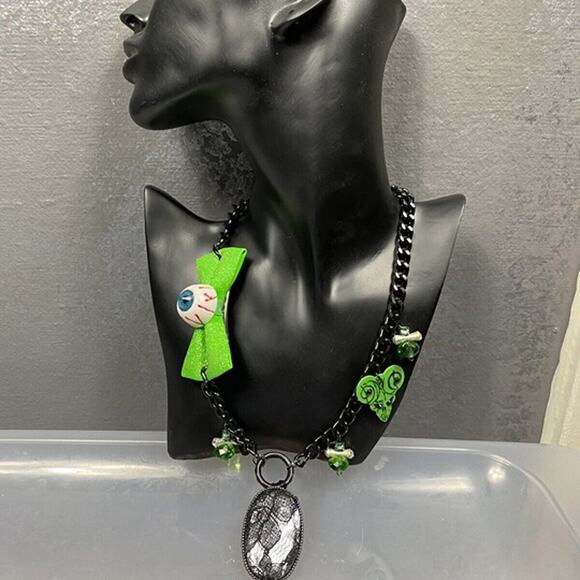 Hand Embellished Necklace eyeball bow, crystal lace pendant guitar pick beads - Picture 2 of 10